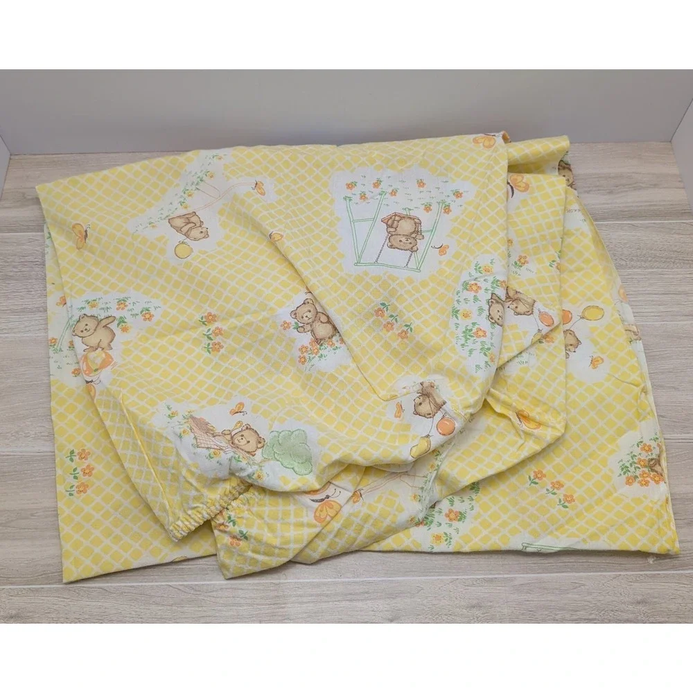 Vintage Daekor Teddy Bear Fitted Crib Sheet Yellow Gingham Nursery Baby Country